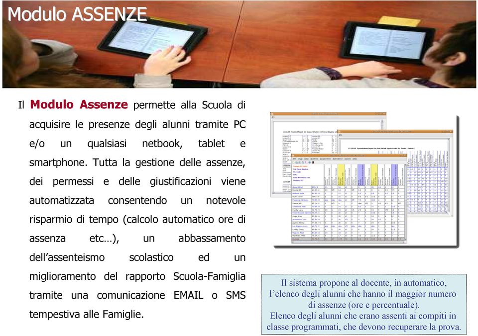 abbassamento dell assenteismo scolastico ed un miglioramento del rapporto Scuola-Famiglia tramite una comunicazione EMAIL o SMS tempestiva alle Famiglie.