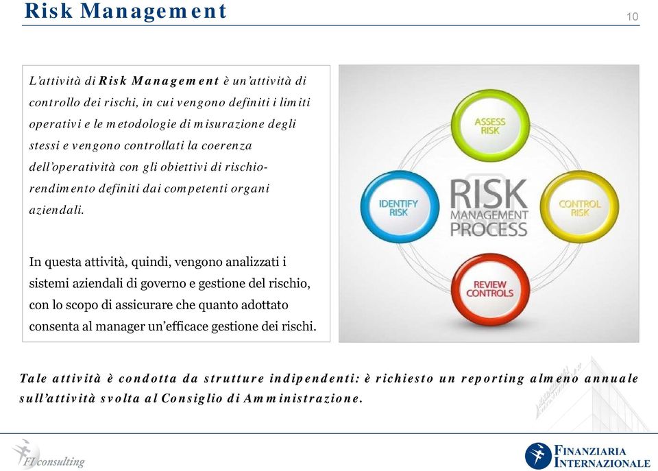 In questa attività, quindi, vengono analizzati i sistemi aziendali di governo e gestione del rischio, con lo scopo di assicurare che quanto adottato consenta al