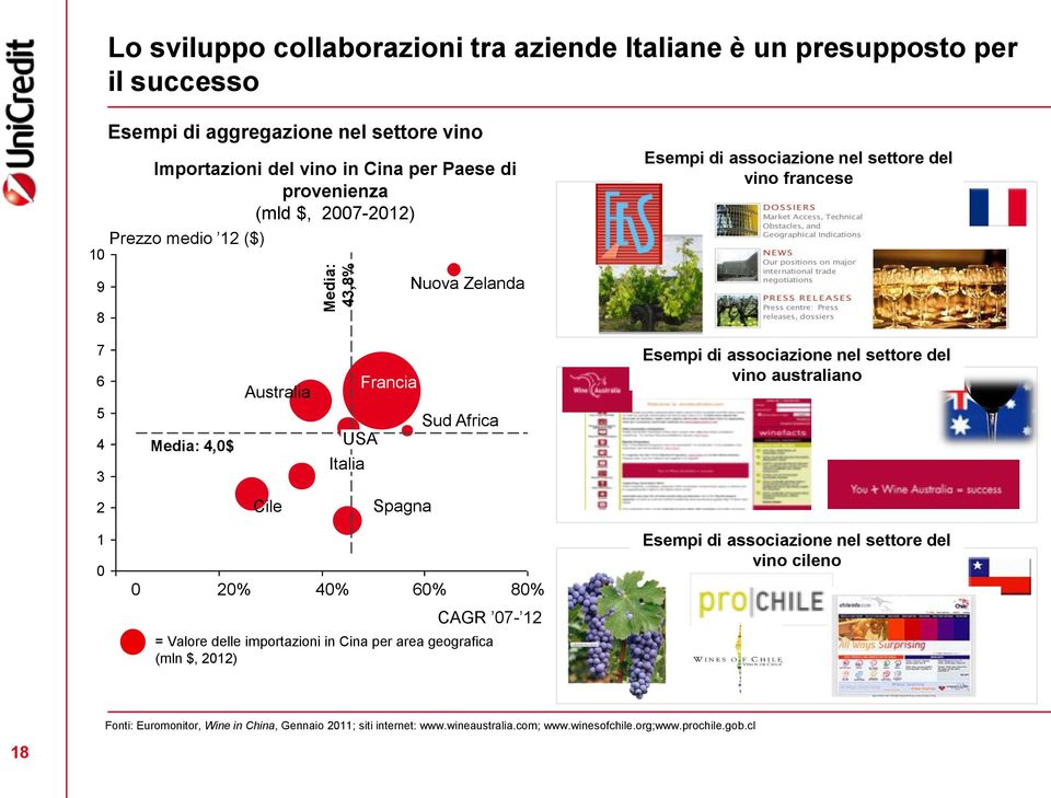 settore del vino australiano 5 4 3 Media: 4,0$ USA Italia Sud Africa 2 Cile Spagna 1 0 0 20% 40% 60% 80% Esempi di associazione nel settore del vino cileno CAGR 07-12 = Valore