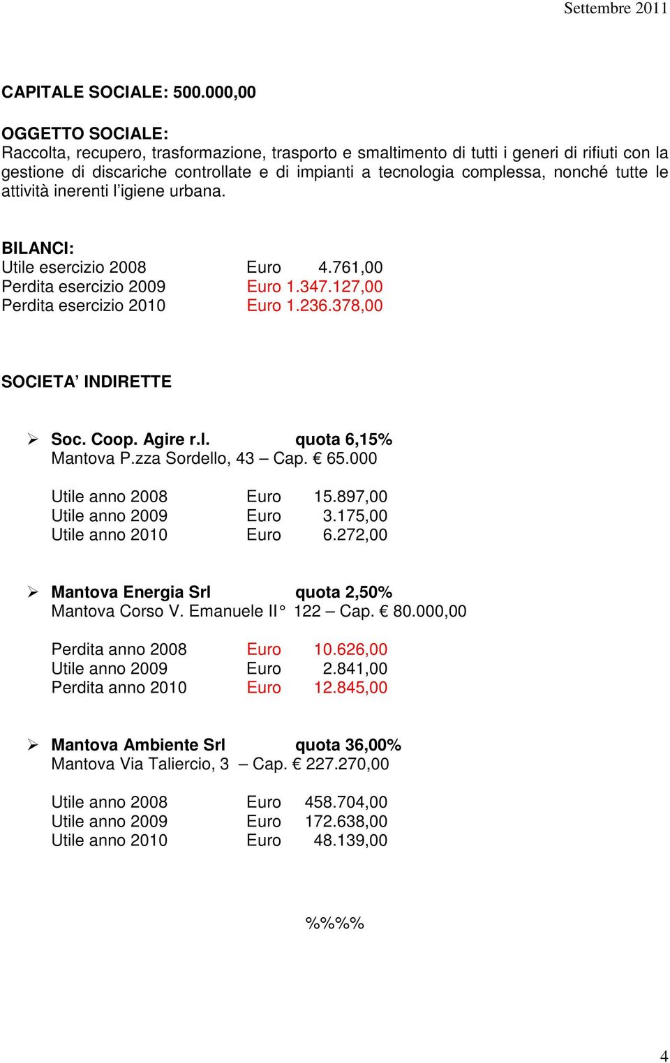 tutte le attività inerenti l igiene urbana. : Utile esercizio 2008 Euro 4.761,00 Perdita esercizio 2009 Euro 1.347.127,00 Perdita esercizio 2010 Euro 1.236.378,00 SOCIETA INDIRETTE Soc. Coop. Agire r.