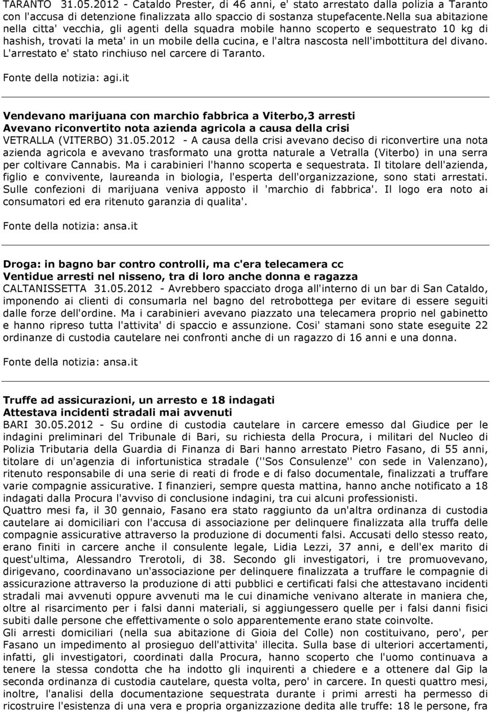 nell'imbottitura del divano. L'arrestato e' stato rinchiuso nel carcere di Taranto. Fonte della notizia: agi.