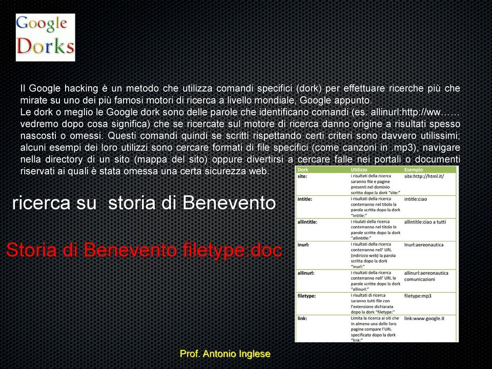 allinurl:http://ww vedremo dopo cosa significa) che se ricercate sul motore di ricerca danno origine a risultati spesso nascosti o omessi.