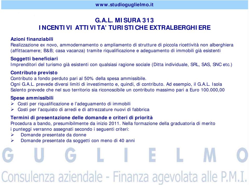 B&B; casa vacanza) tramite riqualificazione e adeguamento di immobili già esistenti Soggetti beneficiari Imprenditori del turismo già esistenti con qualsiasi ragione sociale (Ditta individuale, SRL,