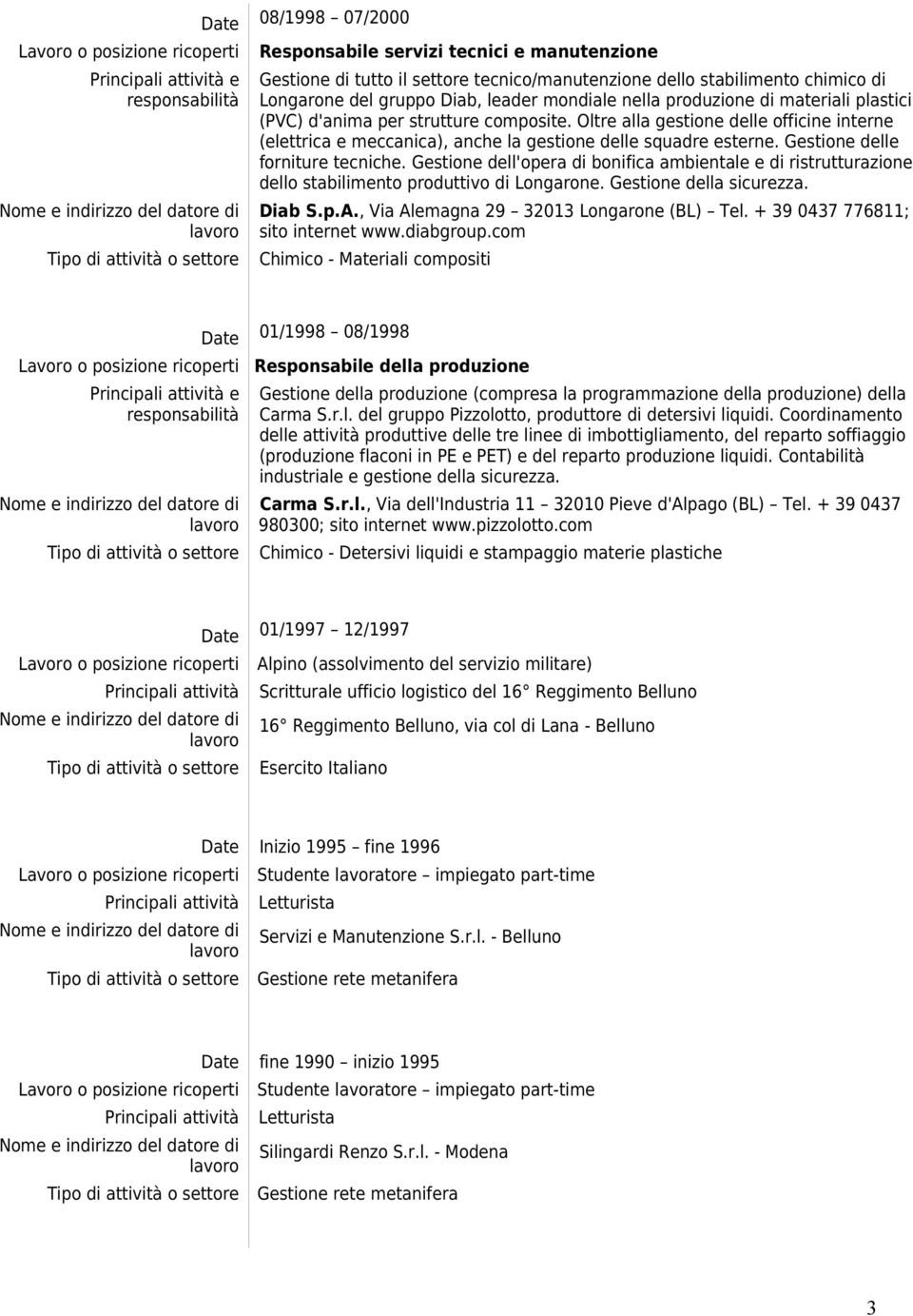 Gestione delle forniture tecniche. Gestione dell'opera di bonifica ambientale e di ristrutturazione dello stabilimento produttivo di Longarone. Gestione della sicurezza. Diab S.p.A.