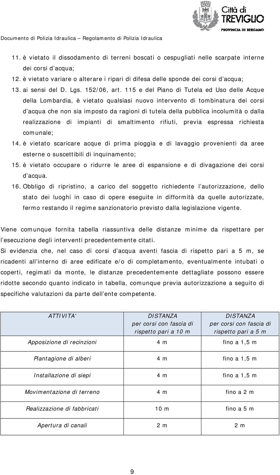 115 e del Piano di Tutela ed Uso delle Acque della Lombardia, è vietato qualsiasi nuovo intervento di tombinatura dei corsi d acqua che non sia imposto da ragioni di tutela della pubblica incolumità