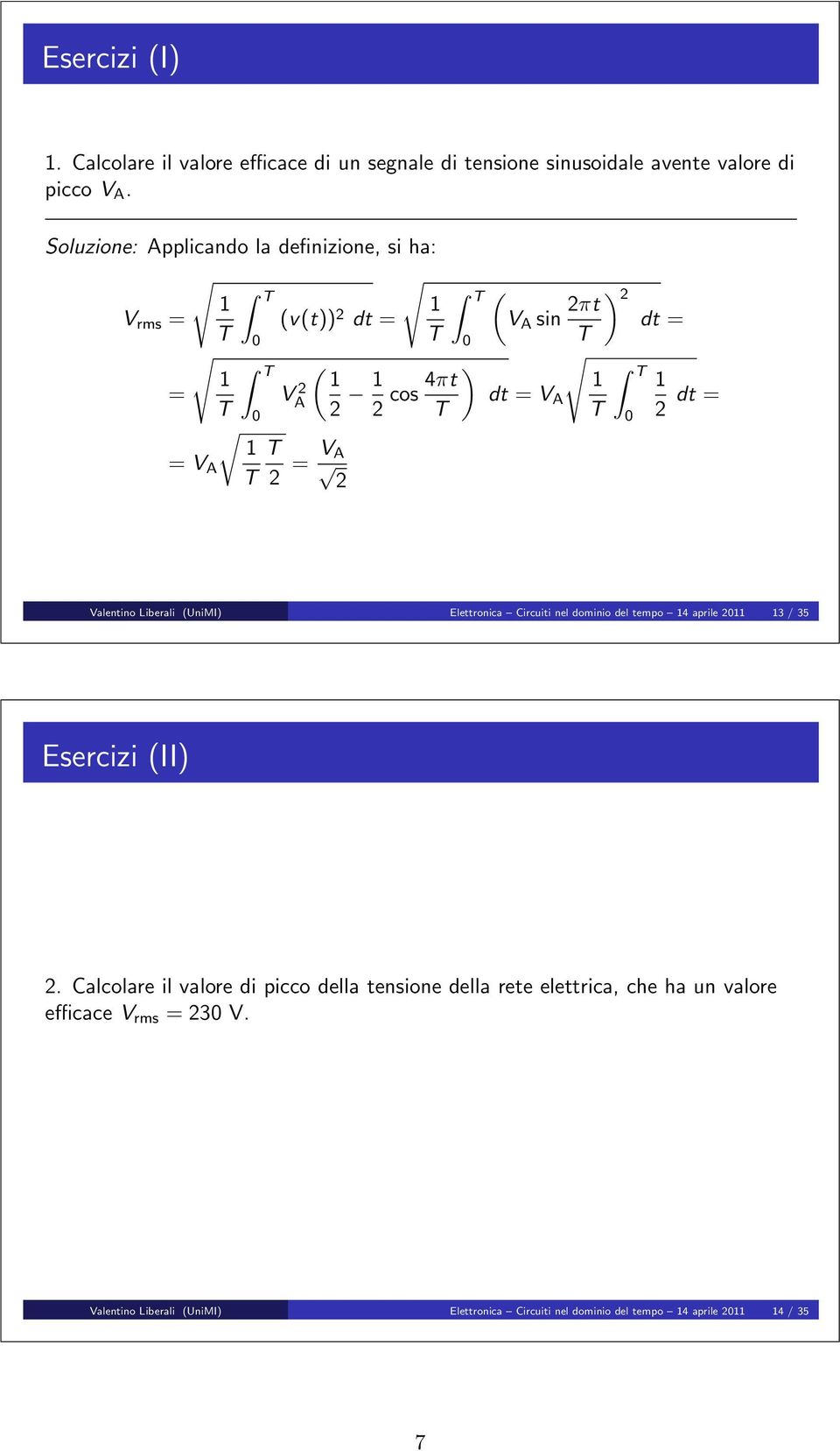 ) 2 = T 1 T 1 = V A T 2 = Valentino Liberali (UniMI) Elettronica Circuiti nel dominio del tempo 14 aprile 211 13 / 35 Esercizi (II) 2.