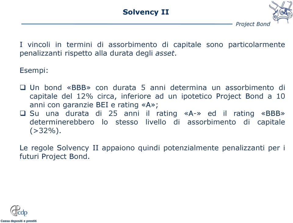 Esempi: Un bond «BBB» con durata 5 anni determina un assorbimento di capitale del 12% circa, inferiore ad un ipotetico a 10