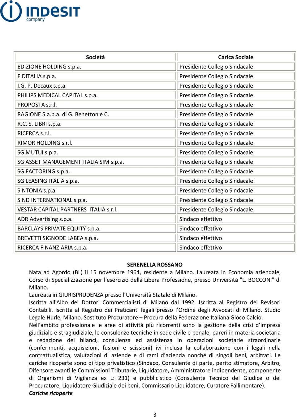 p.a. BARCLAYS PRIVATE EQUITY s.p.a. BREVETTI SIGNODE LABEA s.p.a. RICERCA FINANZIARIA s.p.a. SERENELLA ROSSANO Nata ad Agordo (BL) il 15 novembre 1964, residente a Milano.