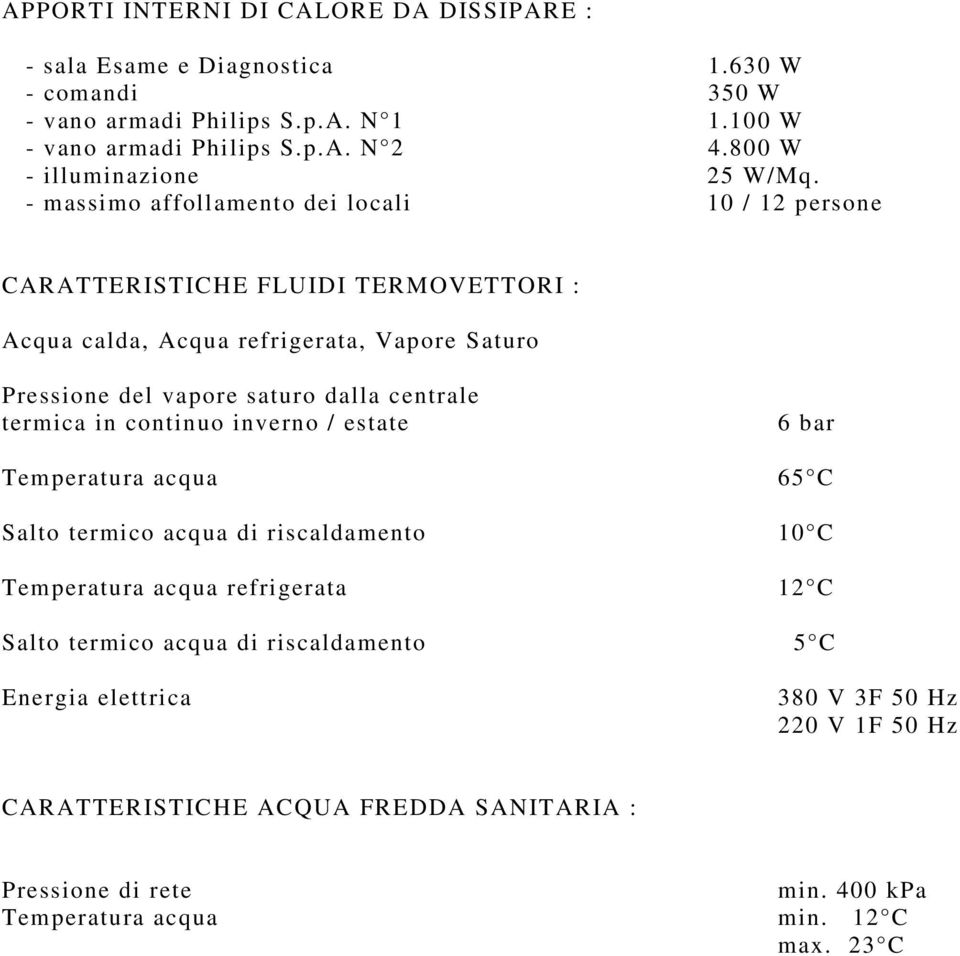 - massimo affollamento dei locali 10 / 12 persone CARATTERISTICHE FLUIDI TERMOVETTORI : Acqua calda, Acqua refrigerata, Vapore Saturo Pressione del vapore saturo dalla centrale