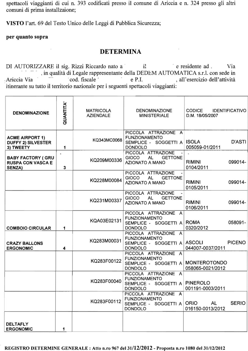 Via,in qualità di Legale rappresentante della DEDEM AUTOMATICA s.r.l. con sede in,ariccia Via 'cod. fiscale' e P.1.