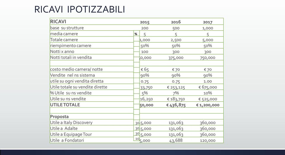 00 Utile totale su vendite dirette 33,750 253,125 675,000 % Utile su ns vendite 5% 7% 10% Utile su ns vendite 16,250 183,750 525,000 UTILE TOTALE 50,000 436,875 1,200,000