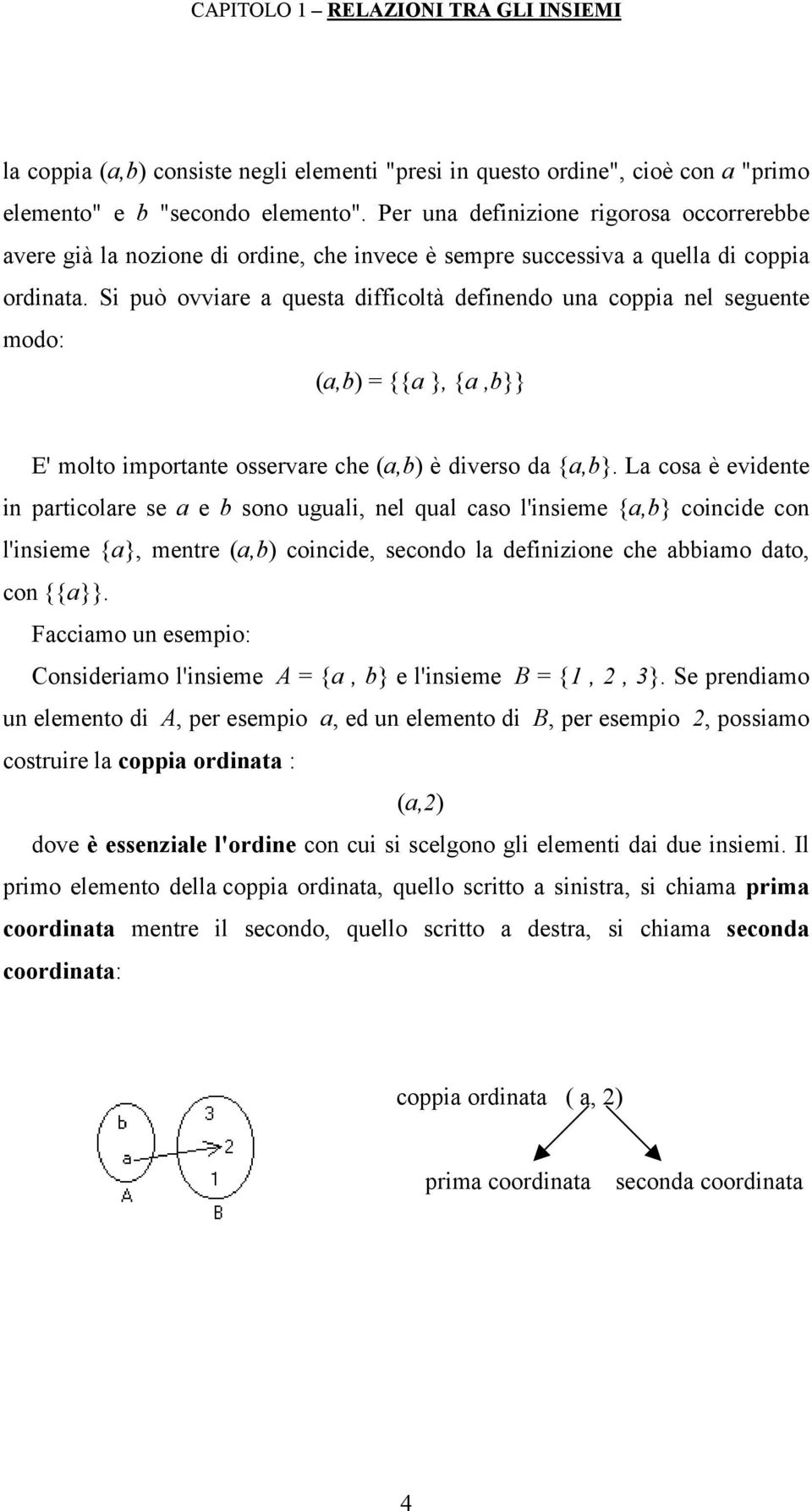 Si può ovviare a questa difficoltà definendo una coppia nel seguente modo: (a,b) = {{a }, {a,b}} E' molto importante osservare che (a,b) è diverso da {a,b}.