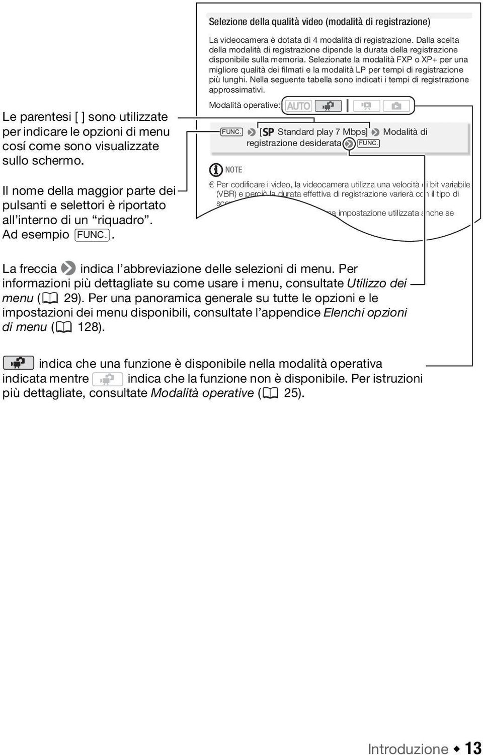 Dalla scelta della modalità di registrazione dipende la durata della registrazione disponibile sulla memoria.