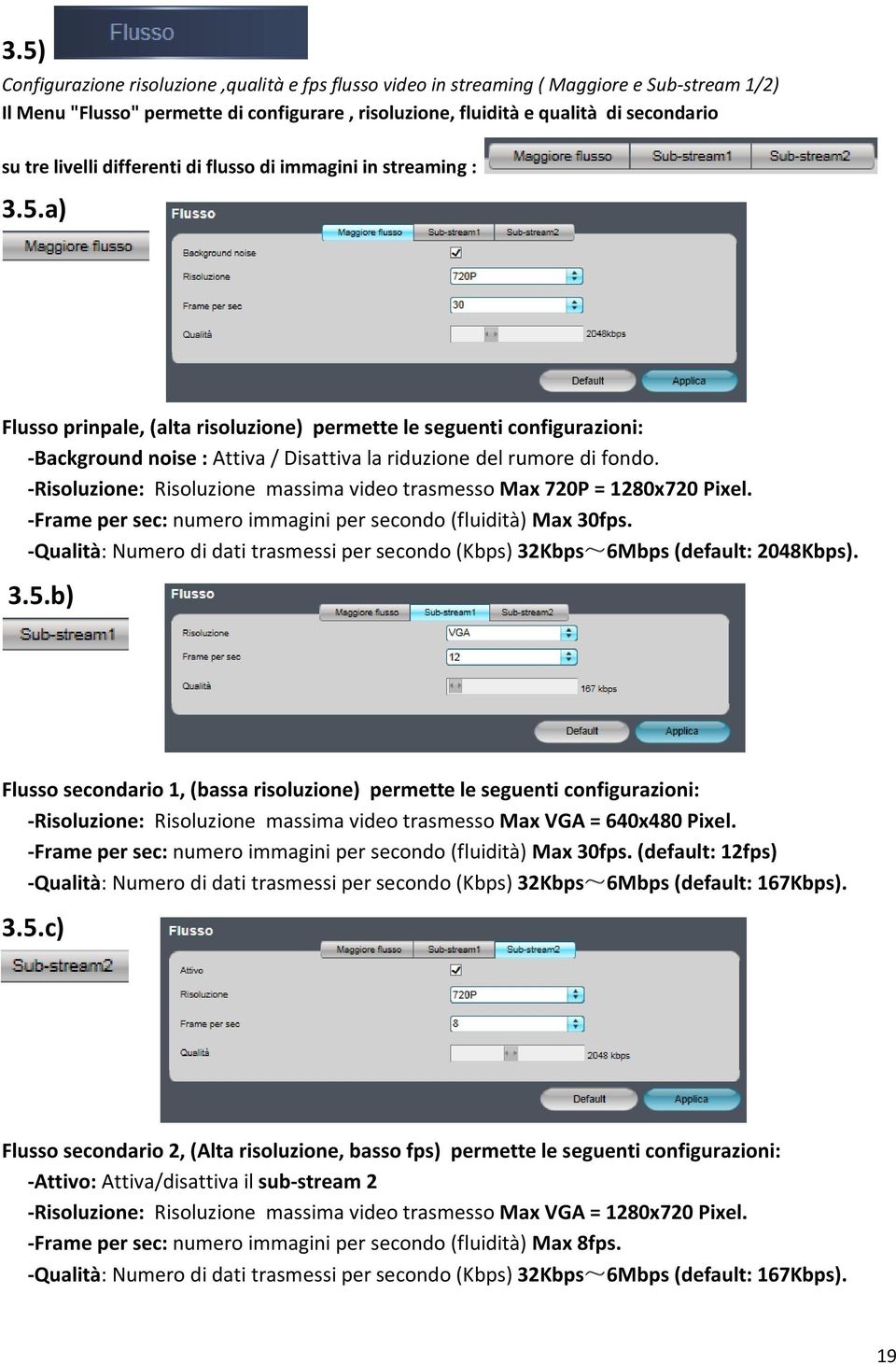 a) Flusso prinpale, (alta risoluzione) permette le seguenti configurazioni: -Background noise : Attiva / Disattiva la riduzione del rumore di fondo.