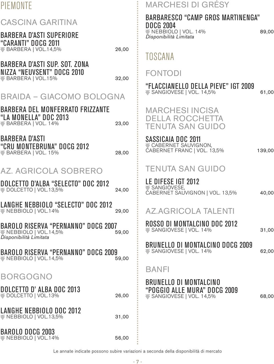 AGRICOLA SOBRERO DOLCETTO D ALBA SELECTO DOC 2012 DOLCETTO VOL.13,5% 24,00 LANGHE NEBBIOLO SELECTO DOC 2012 NEBBIOLO VOL.14% 29,00 BAROLO RISERVA PERNANNO DOCG 2007 NEBBIOLO VOL.