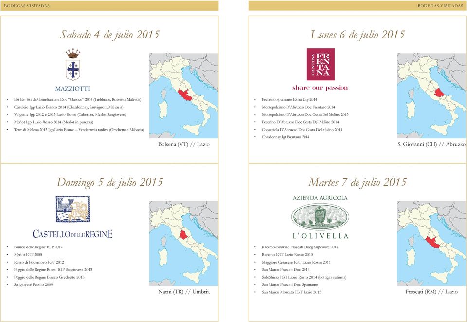 Doc Costa Del Mulino 2013 Merlot Igp Lazio Rosso 2014 (Merlot in purezza) Pecorino D Abruzzo Doc Costa Del Mulino 2014 Terre di Melona 2013 Igp Lazio Bianco Vendemmia tardiva (Grechetto e Malvasia)