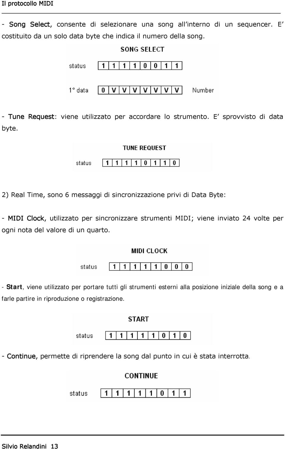 2) Real Time, sono 6 messaggi di sincronizzazione privi di Data Byte: - MIDI Clock, utilizzato per sincronizzare strumenti MIDI; viene inviato 24 volte per ogni nota