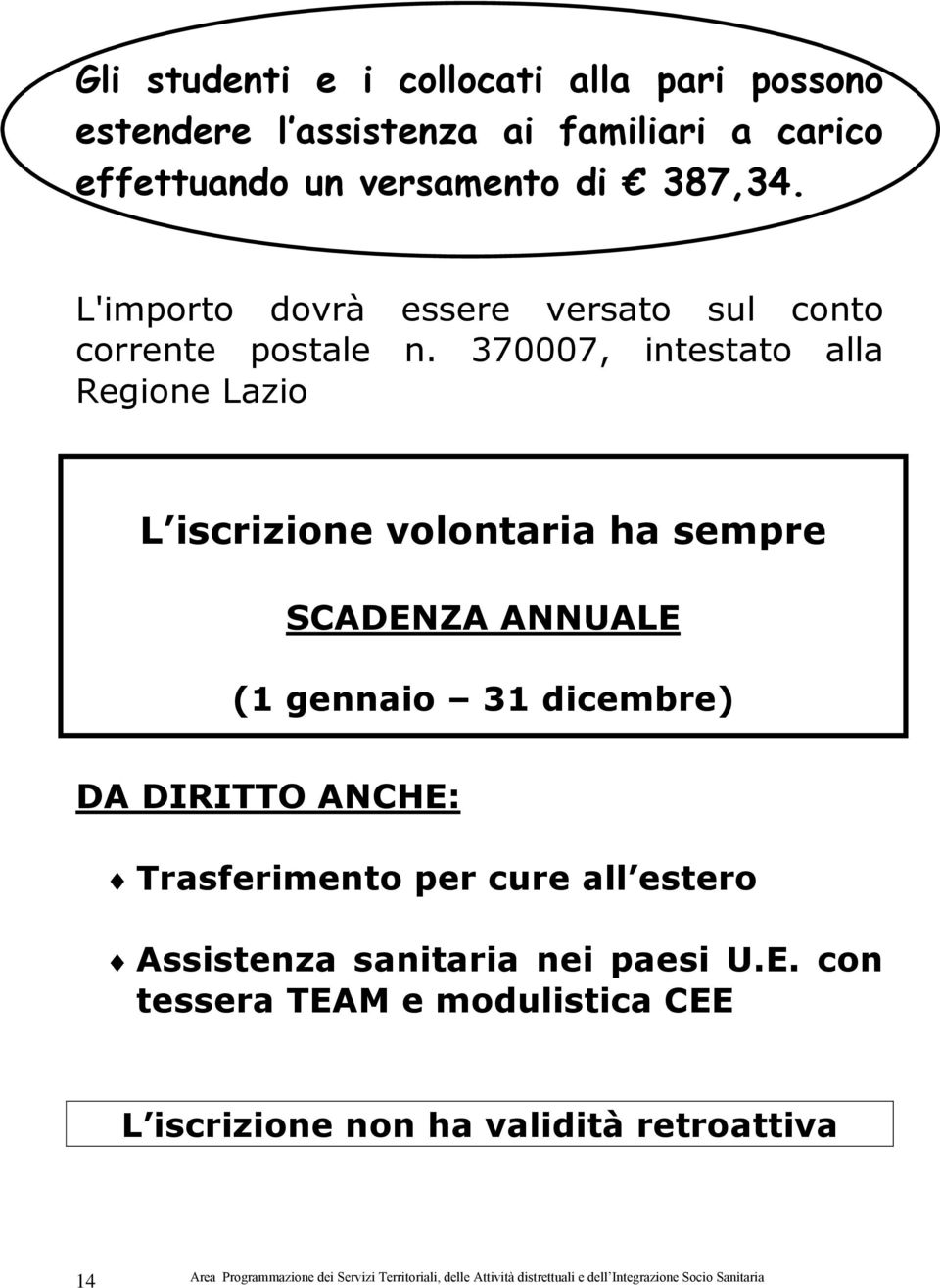370007, intestato alla Regione Lazio L iscrizione volontaria ha sempre SCADENZA ANNUALE (1 gennaio 31 dicembre) DA
