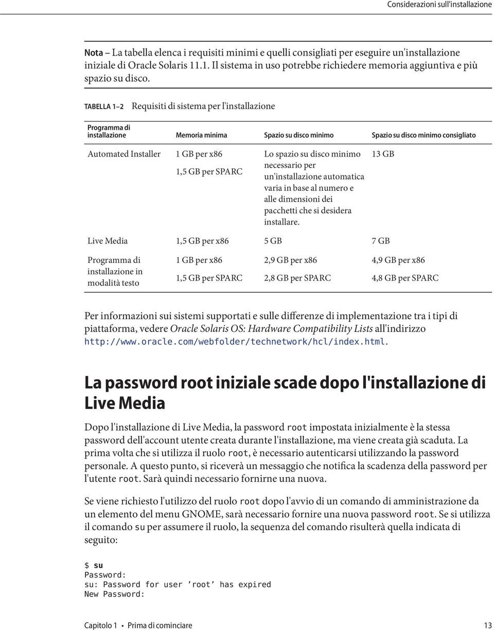 TABELLA 1 2 Requisiti di sistema per l'installazione Programma di installazione Memoria minima Spazio su disco minimo Spazio su disco minimo consigliato Automated Installer 1 GB per x86 1,5 GB per