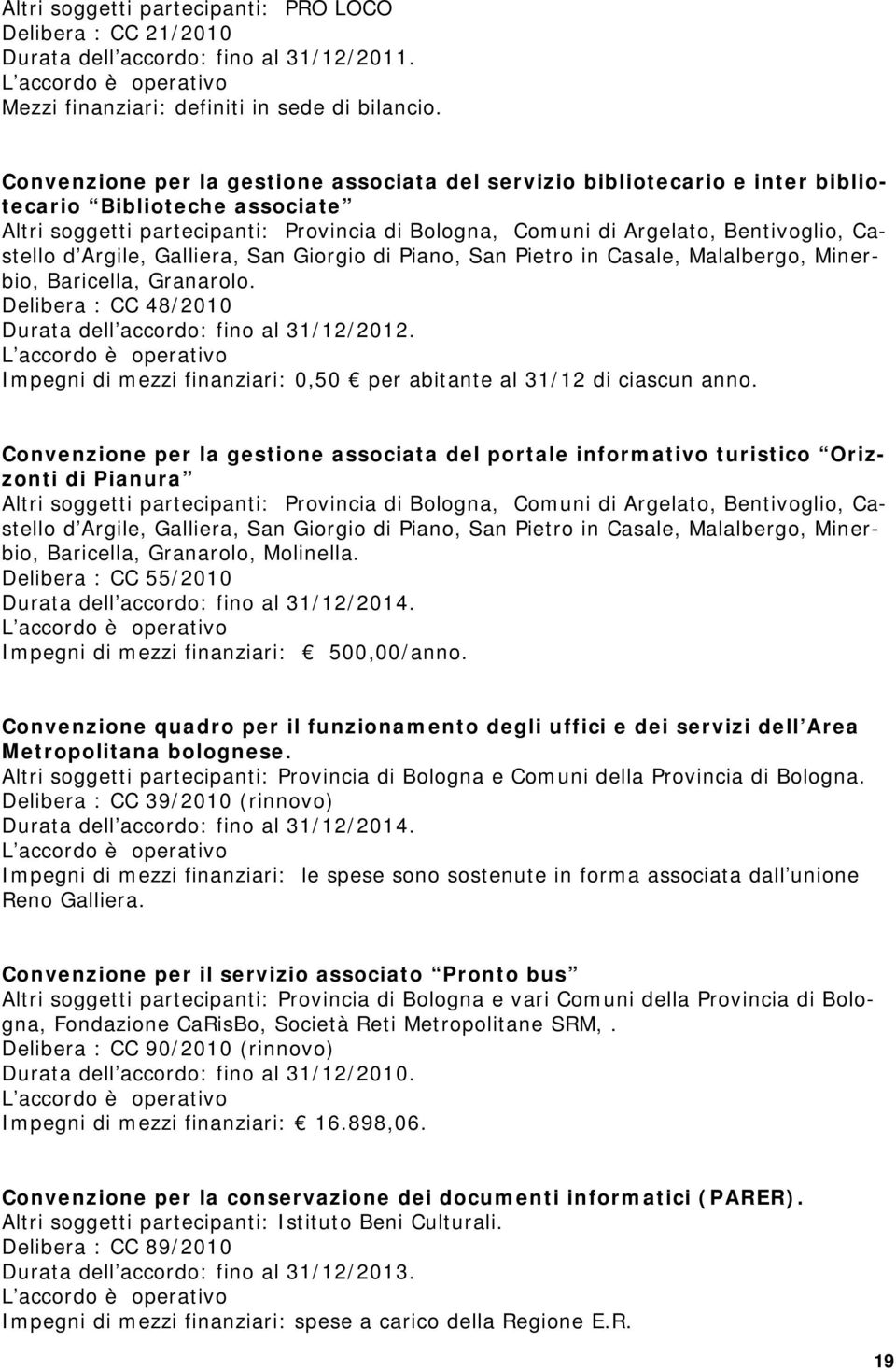 Castello d Argile, Galliera, San Giorgio di Piano, San Pietro in Casale, Malalbergo, Minerbio, Baricella, Granarolo. Delibera : CC 48/2010 Durata dell accordo: fino al 31/12/2012.
