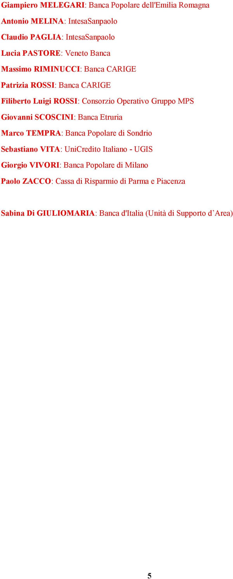 Giovanni SCOSCINI: Banca Etruria Marco TEMPRA: Banca Popolare di Sondrio Sebastiano VITA: UniCredito Italiano - UGIS Giorgio VIVORI: