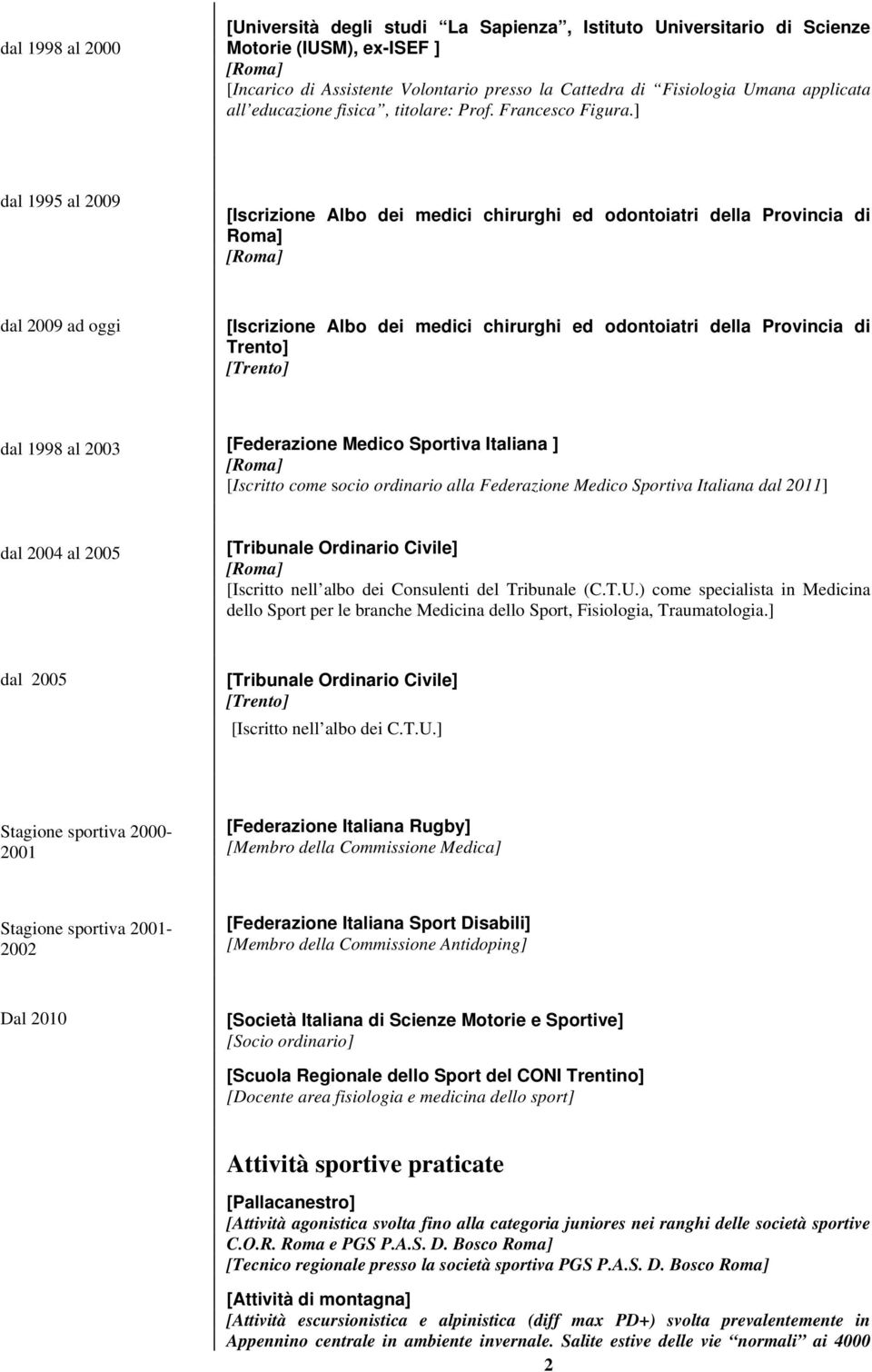 ] dal 1995 al 2009 [Iscrizione Albo dei medici chirurghi ed odontoiatri della Provincia di Roma] dal 2009 ad oggi [Iscrizione Albo dei medici chirurghi ed odontoiatri della Provincia di Trento]