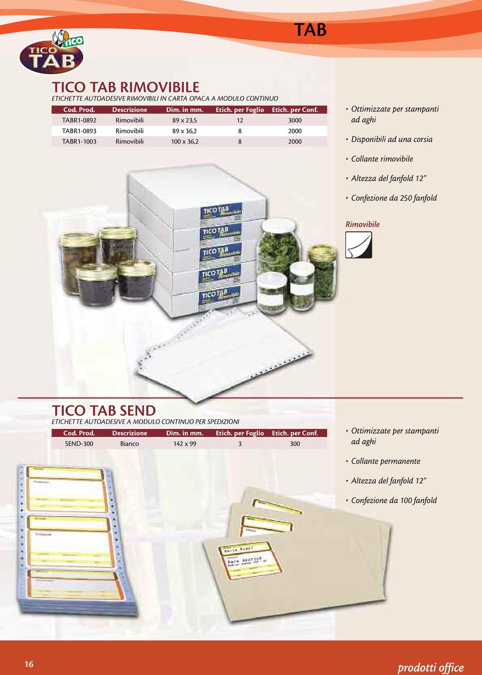 rimovibile Altezza del fanfold 12 Confezione da 250 fanfold Rimovibile TICO TAB SEND ETICHETTE AUTOADESIVE A MODULO CONTINUO PER SPEDIZIONI