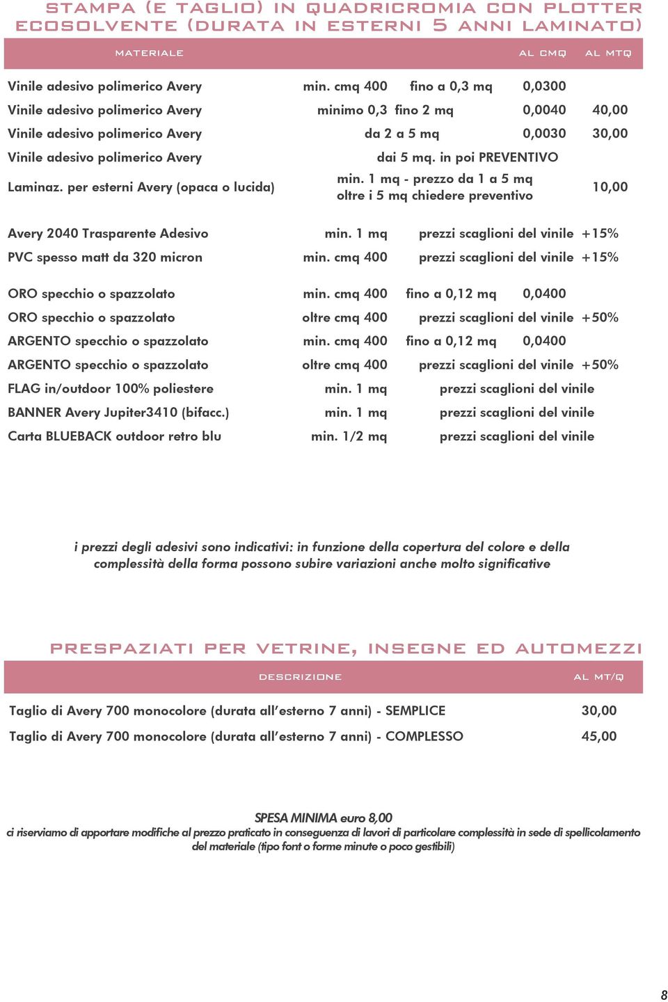 per esterni Avery (opaca o lucida) dai 5 mq. in poi PREVENTIVO min. 1 mq - prezzo da 1 a 5 mq oltre i 5 mq chiedere preventivo 10,00 Avery 2040 Trasparente Adesivo min.