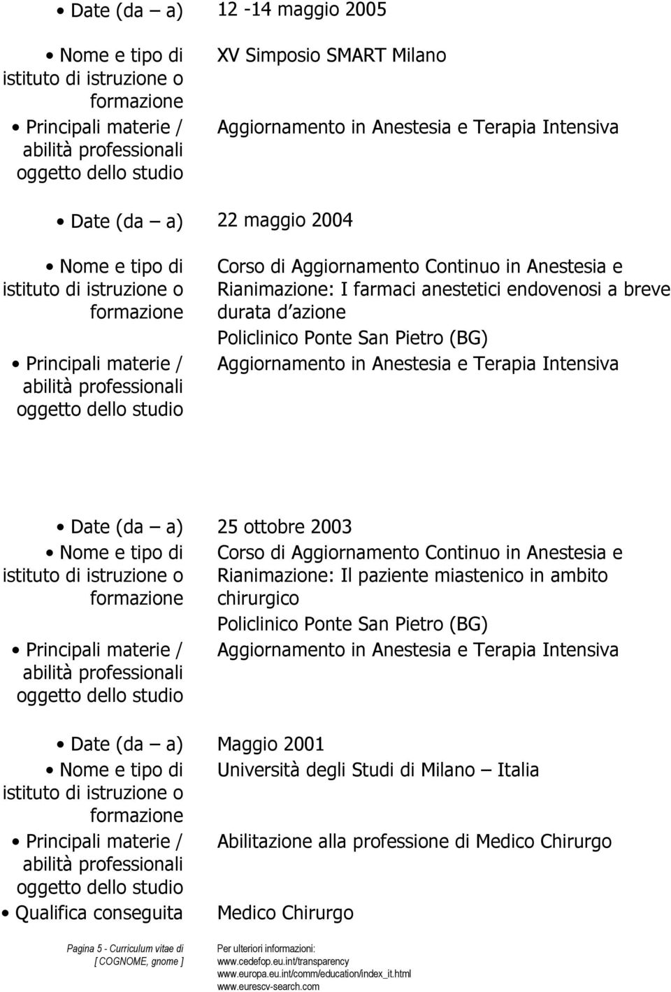 Continuo in Anestesia e Rianimazione: Il paziente miastenico in ambito chirurgico Policlinico Ponte San Pietro (BG) Date (da a) Maggio 2001