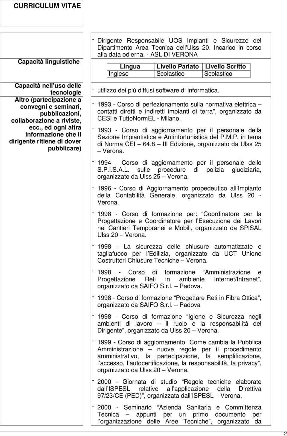 Incarico in corso alla data odierna. - ASL DI VERONA Lingua Livello Parlato Livello Scritto Inglese Scolastico Scolastico - utilizzo dei più diffusi software di informatica.