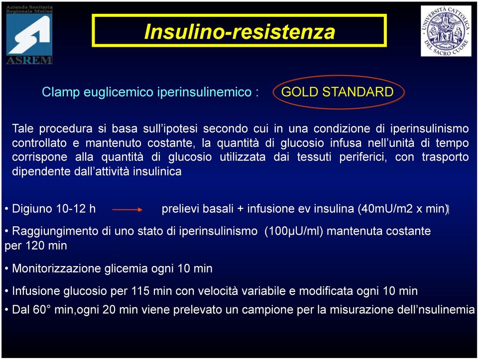 insulinica Digiuno 10-12 h ( min prelievi basali + infusione ev insulina (40mU/m2 x Raggiungimento di uno stato di iperinsulinismo (100µU/ml) mantenuta costante per 120 min