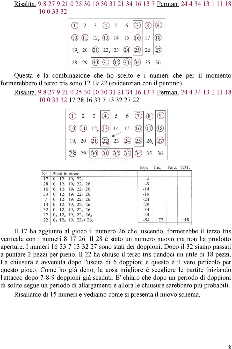 24 4 34 13 1 11 18 10 0 33 32 17 28 16 33 7 13 32 27 22 Il 17 ha aggiunto al gioco il numero 26 che, uscendo, formerebbe il terzo tris verticale con i numeri 8 17 26.