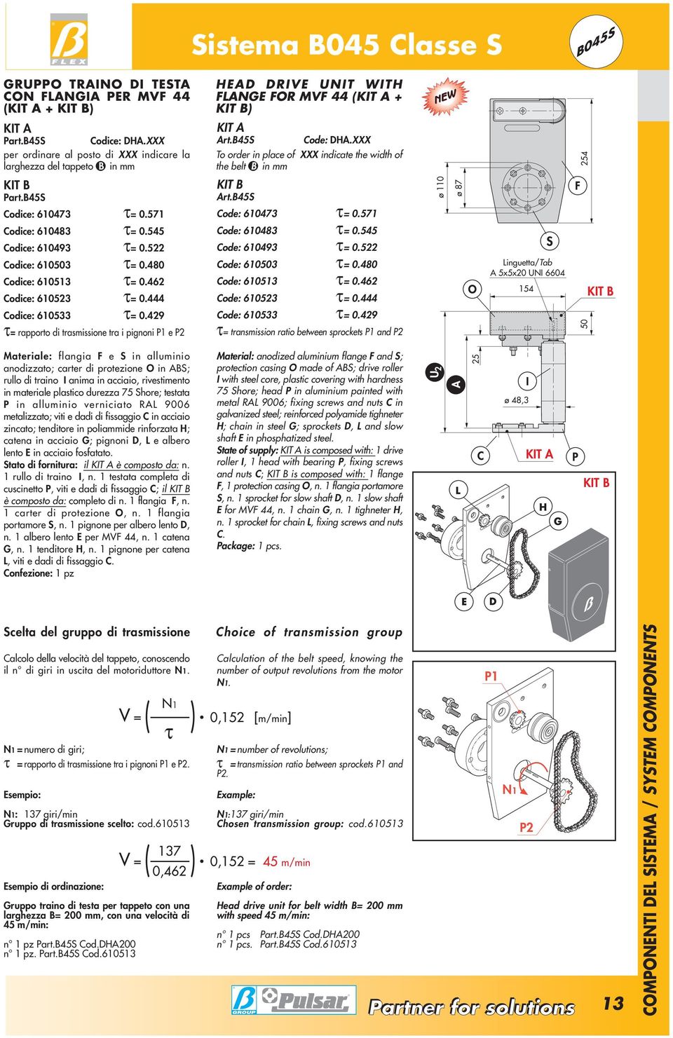 XXX To order in place of XXX indicate the width of the belt B in mm 254 KIT B Part.B45S KIT B Art.B45S ø 110 ø 87 Codice: 610473 t= 0.571 Code: 610473 t= 0.571 Codice: 610483 t= 0.