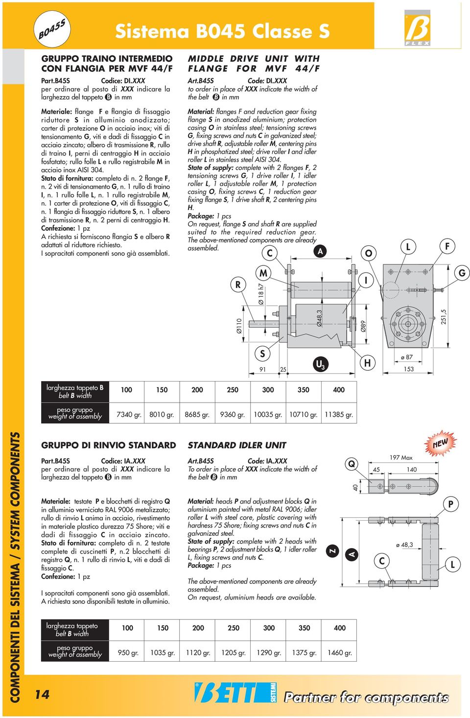 alluminio anodizzato; carter di protezione O in acciaio inox; viti di tensionamento G, viti e dadi di fissaggio C in acciaio zincato; albero di trasmissione R, rullo di traino I, perni di centraggio