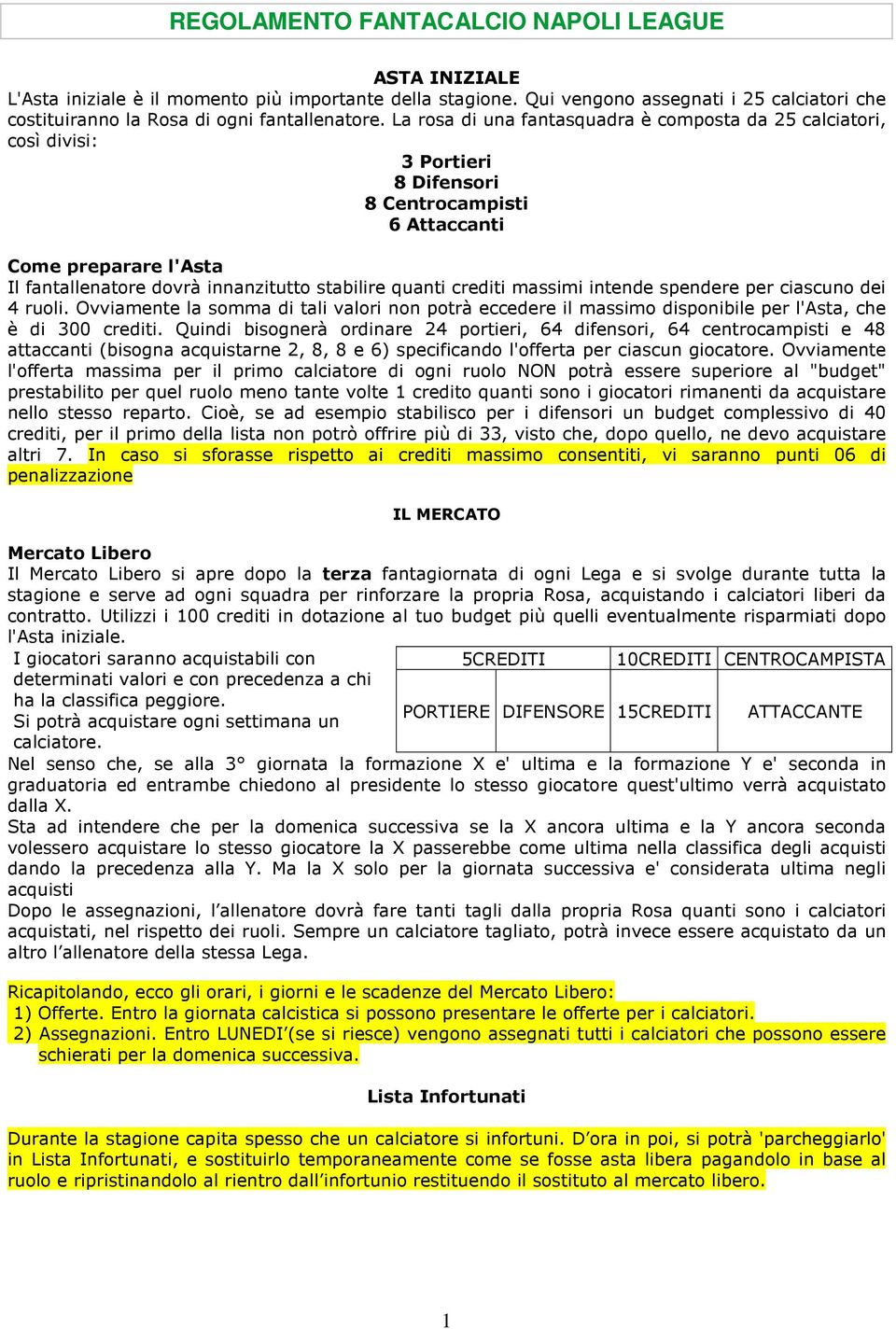 crediti massimi intende spendere per ciascuno dei 4 ruoli. Ovviamente la somma di tali valori non potrà eccedere il massimo disponibile per l'asta, che è di 300 crediti.