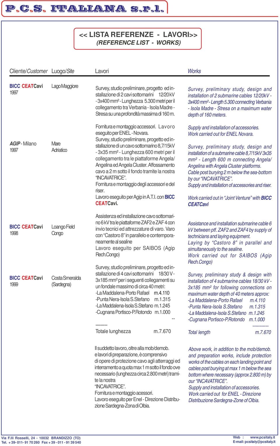 Survey, preliminary study, design and installation of 2 submarine cables 12/20kV - 3x400 mm² - Length 5.300 connecting Verbania - Isola Madre - Stresa on a maximum water depth of 160 meters.