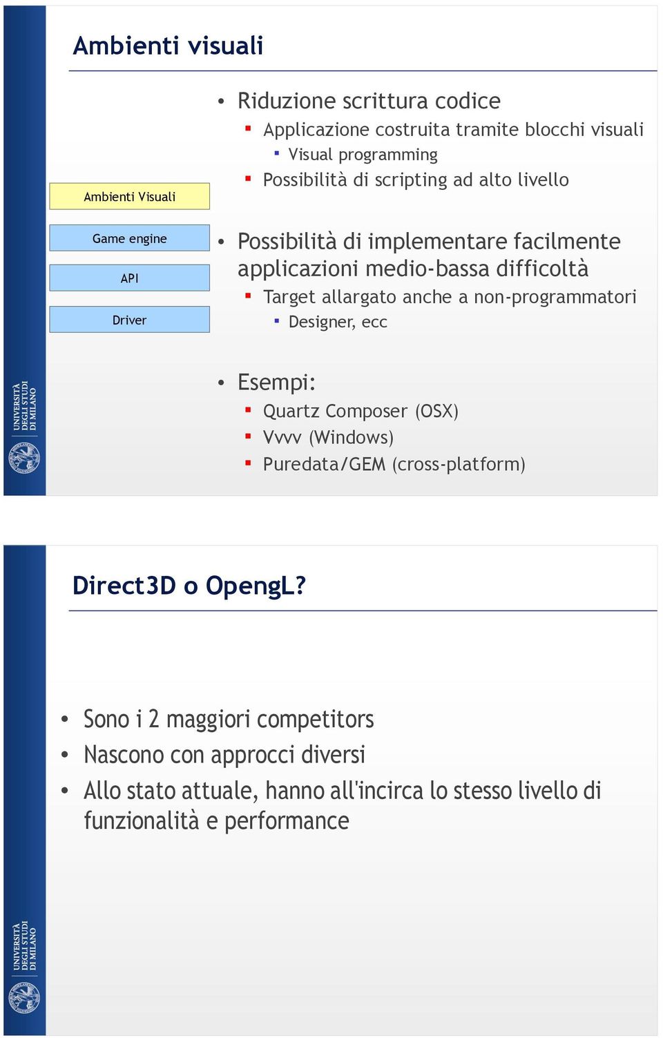 anche a non-programmatori Driver Designer, ecc Esempi: Quartz Composer (OSX) Vvvv (Windows) Puredata/GEM (cross-platform) Direct3D o OpengL?