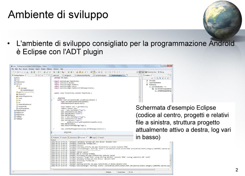 d'esempio Eclipse (codice al centro, progetti e relativi file a