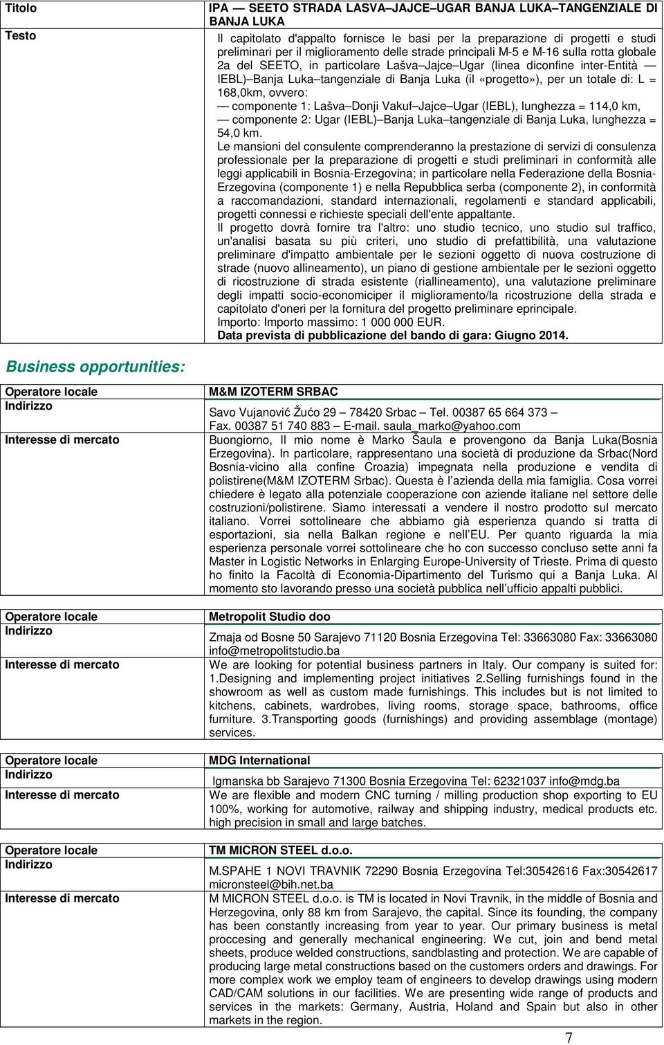 di: L = 168,0km, ovvero: componente 1: Lašva Donji Vakuf Jajce Ugar (IEBL), lunghezza = 114,0 km, componente 2: Ugar (IEBL) Banja Luka tangenziale di Banja Luka, lunghezza = 54,0 km.