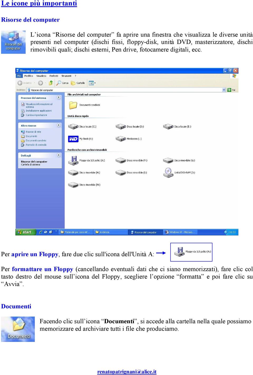 Per aprire un Floppy, fare due clic sull'icona dell'unità A: Per formattare un Floppy (cancellando eventuali dati che ci siano memorizzati), fare clic col tasto destro