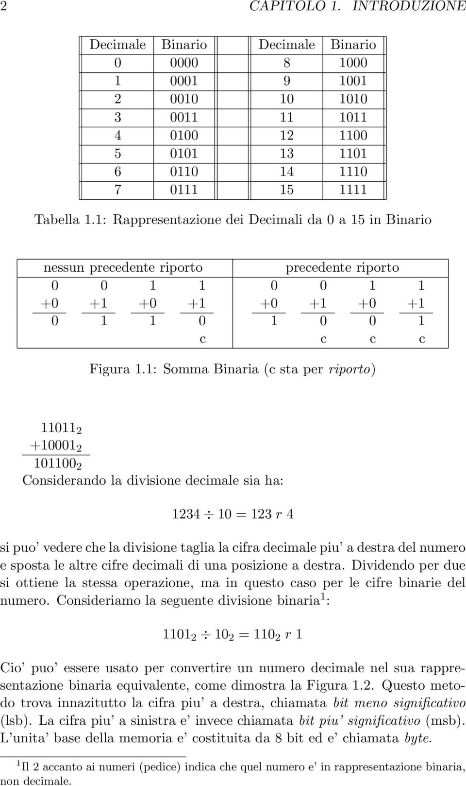 1: Somma Binaria (c sta per riporto) 11011 2 +10001 2 101100 2 Considerando la divisione decimale sia ha: 1234 10 = 123 r 4 si puo vedere che la divisione taglia la cifra decimale piu a destra del