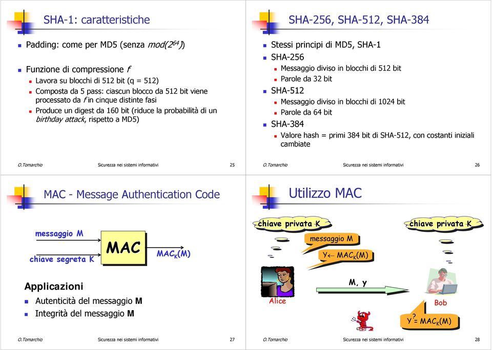 blocchi di 512 bit Parole da 32 bit SHA-512 Messaggio diviso in blocchi di 1024 bit Parole da 64 bit SHA-384 Valore hash = primi 384 bit di SHA-512, con costanti iniziali cambiate O.