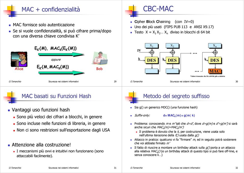 17) Testo X = X 1 X 2 X n diviso in blocchi di 64 bit E K (M), MAC K (E K (M)) IV x 11 x 22 x nn Alice oppure E K (M,MAC K (M)) Bob k k k DES DES DES MAC Valore troncato: da 16 a 64 bit più a