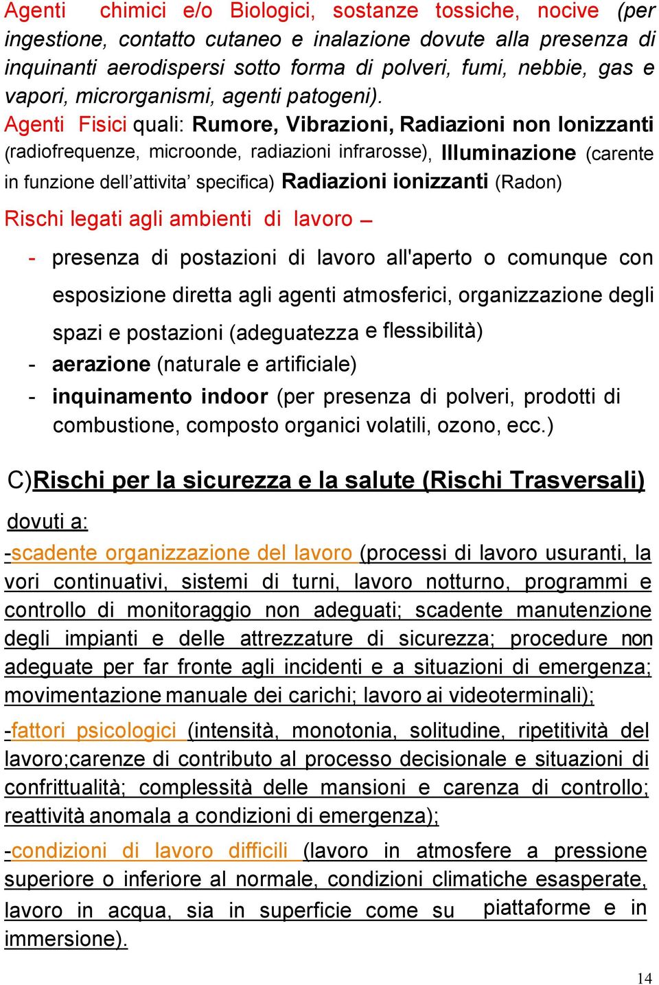 Agenti Fisici quali: Rumore, Vibrazioni, Radiazioni non Ionizzanti (radiofrequenze, microonde, radiazioni infrarosse), Illuminazione (carente in funzione dell attivita specifica) Radiazioni