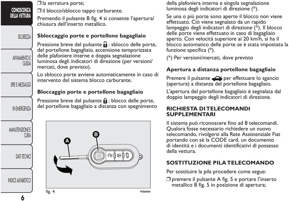 luminosa degli indicatori di direzione (per versioni/ mercati, dove previsto). Lo sblocco porte avviene automaticamente in caso di intervento del sistema blocco carburante.