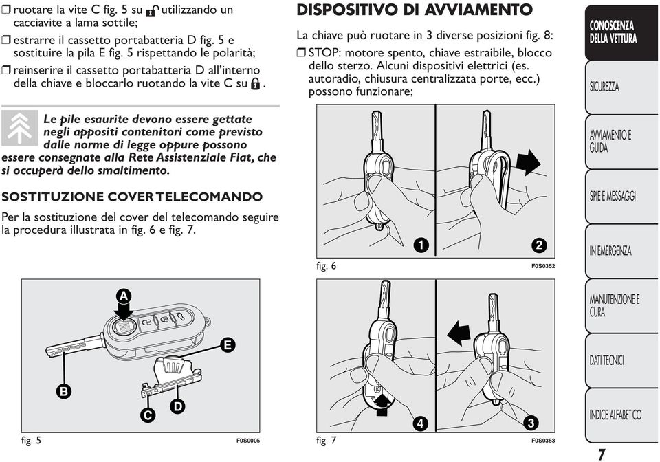 Le pile esaurite devono essere gettate negli appositi contenitori come previsto dalle norme di legge oppure possono essere consegnate alla Rete Assistenziale Fiat, che si occuperà dello smaltimento.