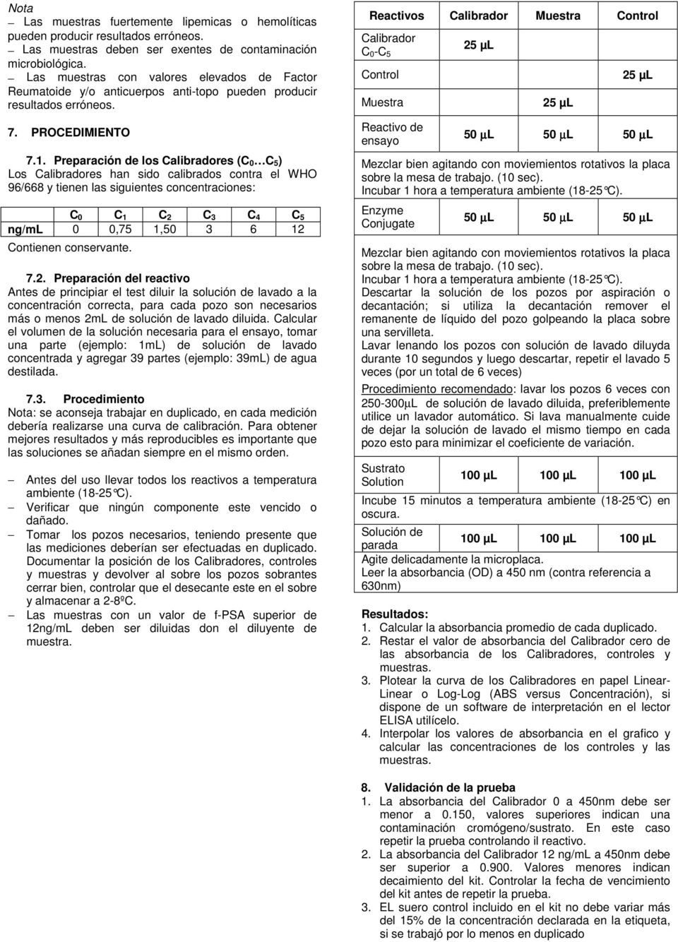 Preparación de los Calibradores (C 0 C 5) Los Calibradores han sido calibrados contra el WHO 96/668 y tienen las siguientes concentraciones: C 0 C 1 C 2 C 3 C 4 C 5 0 0,75 1,50 3 6 12 Contienen