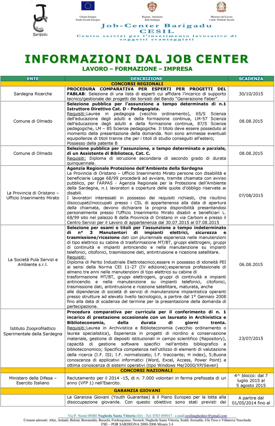 Comune di Olmedo Selezione pubblica per l'assunzione a tempo determinato di n.1 Istruttore Direttivo Cat. D - Pedagogista.