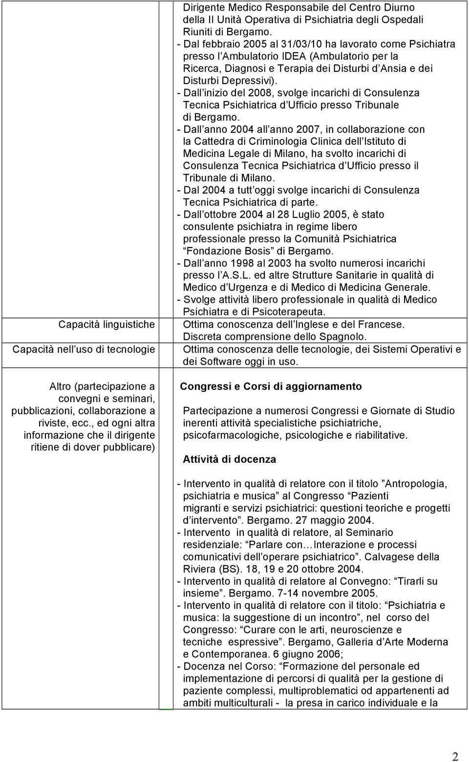 - Dal febbraio 2005 al 31/03/10 ha lavorato come Psichiatra presso l Ambulatorio IDEA (Ambulatorio per la Ricerca, Diagnosi e Terapia dei Disturbi d Ansia e dei Disturbi Depressivi).