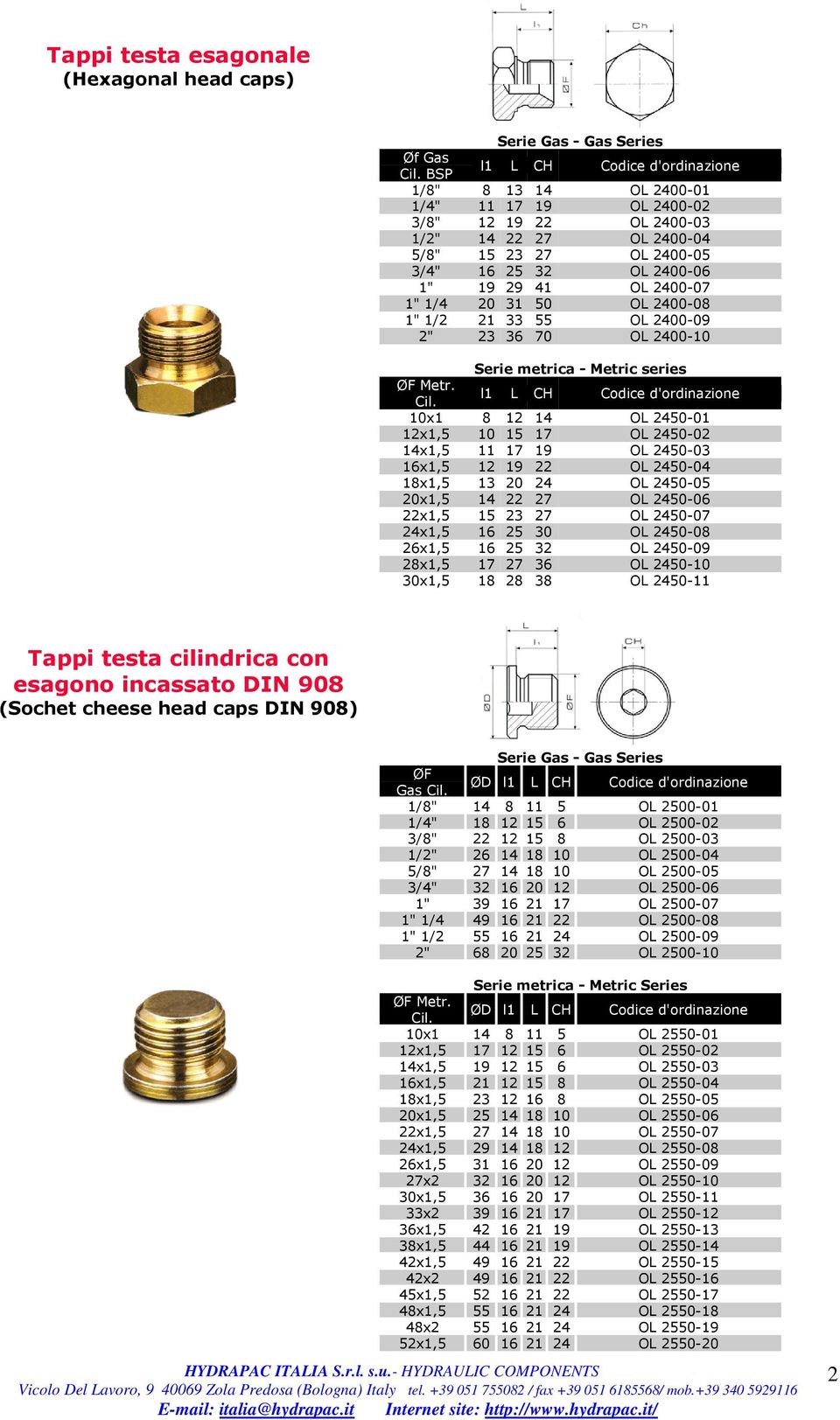 2400-08 1" 1/2 21 33 55 OL 2400-09 2" 23 36 70 OL 2400-10 ØF Metr. l1 L CH Codice d'ordinazione Cil.